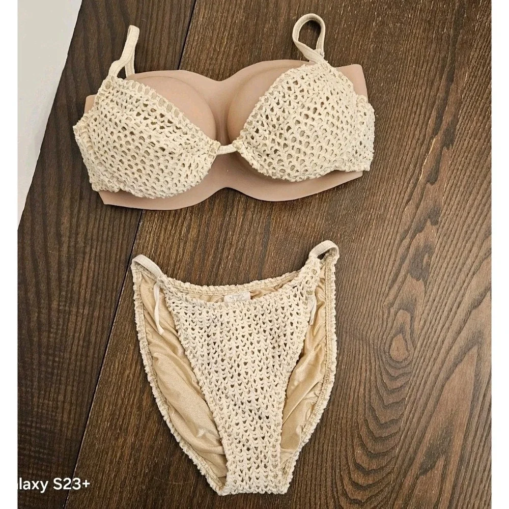 Baja Blue Vintage 90s Crochet Bikini Set Cream‎ Underwire Top Sz 12 Bottom 10 US